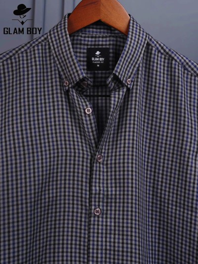 black, blue, and grey gingham check shirt