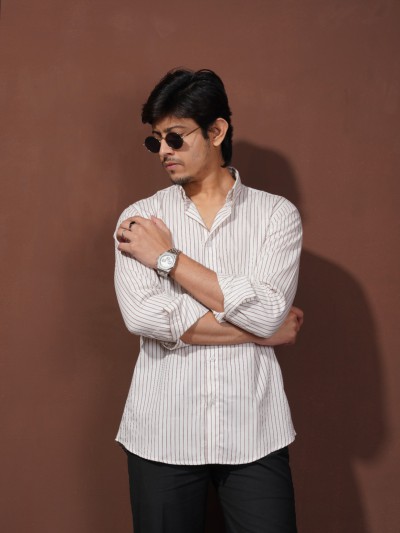 white and maroon striped shirt